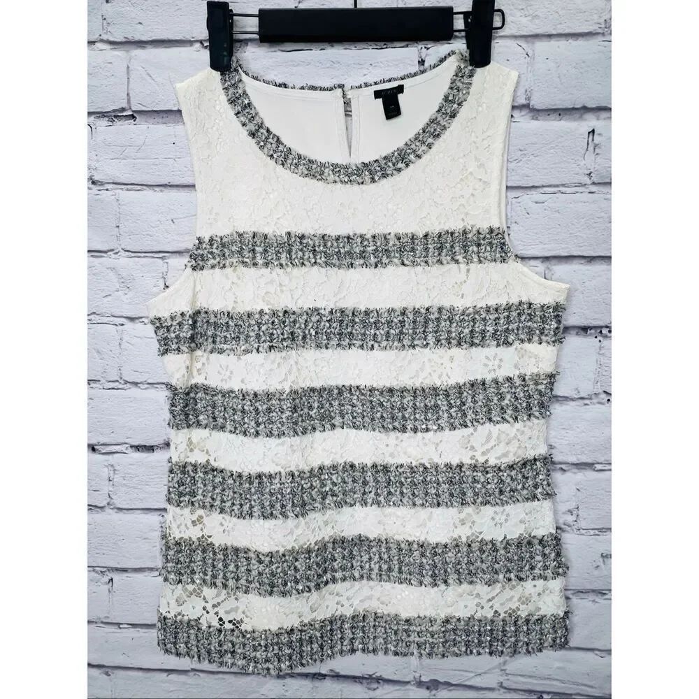 J. Crew Womens White Gray Sleeveless Fringey Tweed Lace Tank Top Size Medium